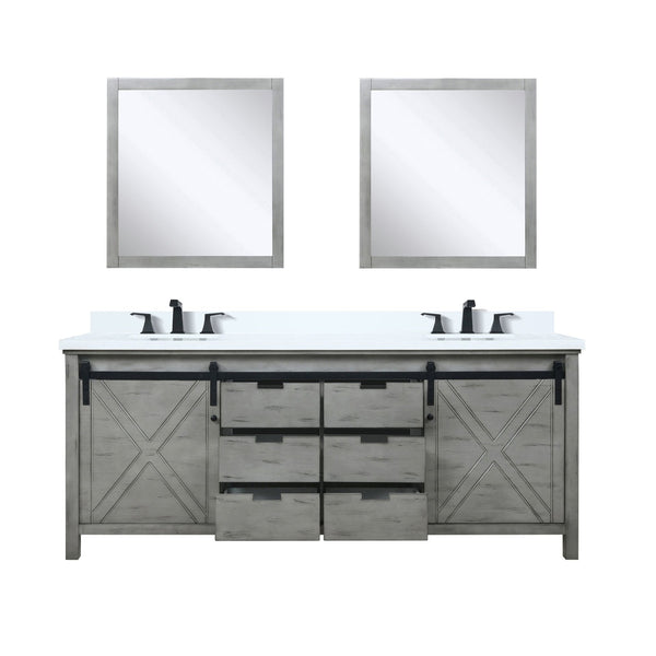 English Elm Ash Grey Double Bath Vanity With White Quartz Top, Matte Black Fixtures & 30" Mirrors For Modern Style B2731S01077