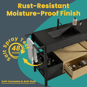 English Elm Galan 72 Inch Double Sink Vanity Fluted Wood Quartz Top Freestanding Bathroom Cabinet Matte Black,Oak W1865S00182