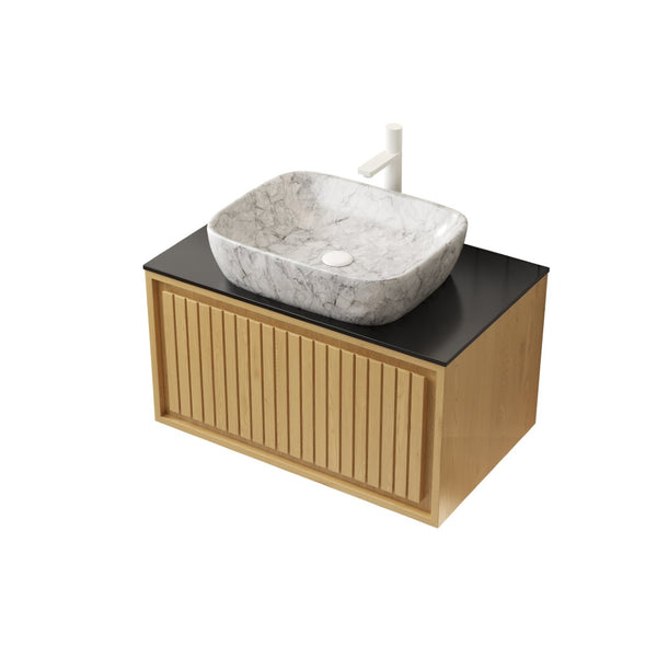 English Elm Kolas Floating Bathroom Vanity Oak Woodgrain Plywood Cabinet Black Sintered Stone Top W2615P279360