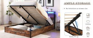 English Elm Lift-Up Storage Bed Frame: Full-Sized Platform Bed With Led Lights, Charging Station & Rustic Brown Finish W1916P184709