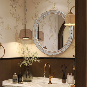English Elm Round Rattan Textured Wall Mirror Natural Woven Frame Bohemian Accent for Any Room W2295P414104