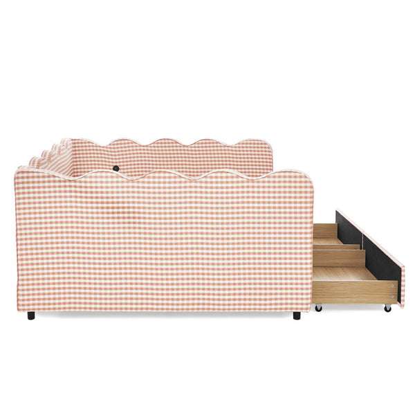 English Elm Queen Gingham Linen Daybed with Wave Backrest Two Storage Drawers and Usb Port Pink W1413S00150