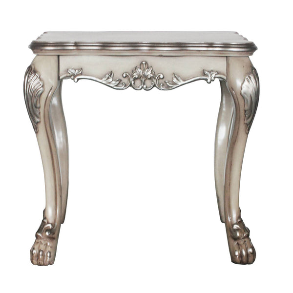English Elm Vintage Bone White Square End Table with Carved Floral Top, Claw Feet & Scalloped Apron—Elegant Classic Accent, 24.5"H x 28.5"W x 28.5"D Vintage B062P189088