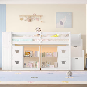 English Elm Twin Kids Low Loft Bed with Stair Drawers Built-in Led Shelving and Bear Handles W697S00039