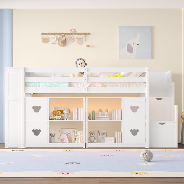 English Elm Twin Kids Low Loft Bed with Stair Drawers Built-in Led Shelving and Bear Handles W697S00039