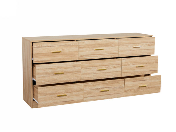 English Elm Modern 9-Drawer Dresser Classic 3-Column — Spacious, Waterproof Engineered Wood Chest, Sleek Finish and Durable Construction for Organized Bedrooms W1785P324458