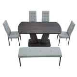 English Elm 63" Modern Style 6-Piece Dining Table With 4 Chairs & 1 Bench, Table With Wood Veneers Tabletop and V-Shaped Table Legs