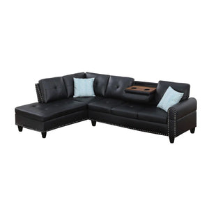 English Elm Black Faux Leather L Shaped Sectional with Cup Holders Nailhead Trim Storage Black B2730S00026