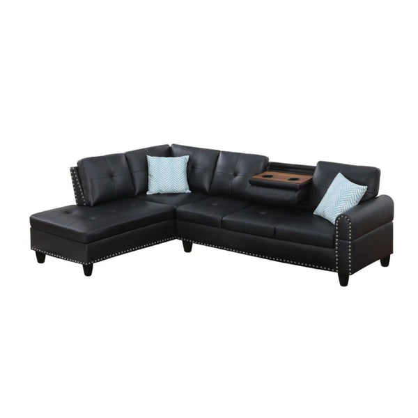 English Elm Black Faux Leather L Shaped Sectional with Cup Holders Nailhead Trim Storage Black B2730S00026