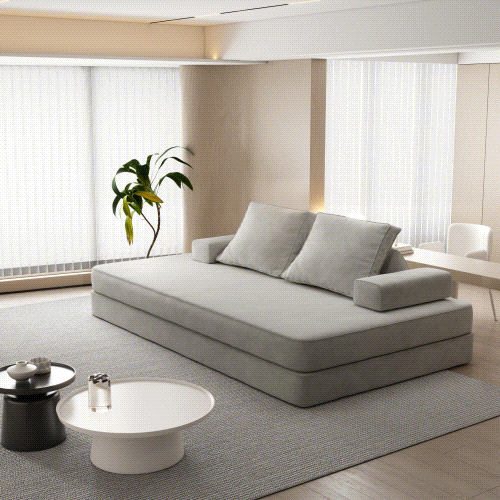 English Elm 86.6"Multifunctional Folding Sofa Bed with Chaise, Fluffy Chenille, Removable Backs & Pillows, Deep Seat Lounge LIGHT GREY W3219P340666