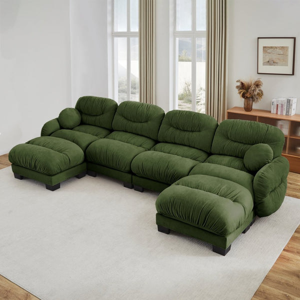 English Elm Pleated Chenille U-shape Modular Sectional Sofa with Ottomans and Ergonomic Foam Cushions Green W5656S00054
