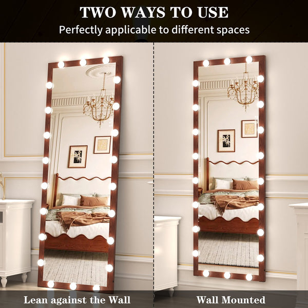 English Elm Hollywood Full Length LED Mirror with 22 Bulbs, 3 Color & Brightness Modes, Walnut Frame, Touch Control W708P297645