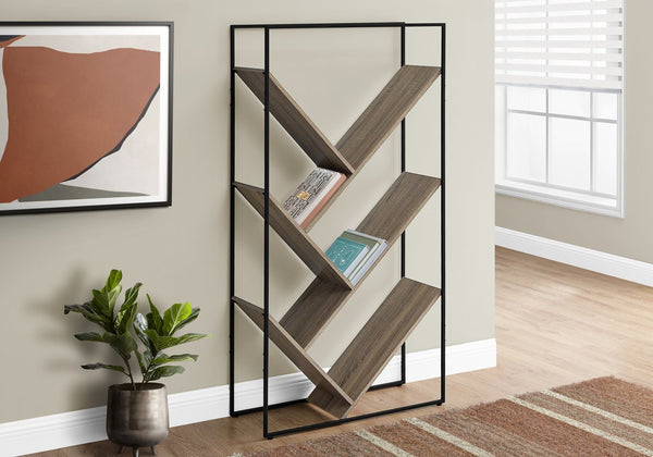 English Elm Bookshelf, 5-Tier Slanted Etagere with V-Shaped Open Shelves, Slim Black Metal Frame, 60" H taupe 39 L x 13 W x 7 H B2710P218981