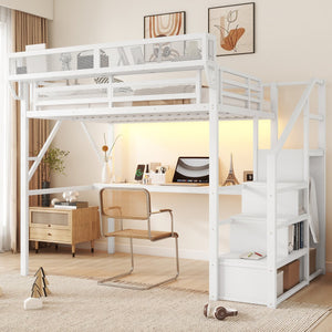 English Elm Full Loft Bed with Desk and Charging Station, Metal Loft with Stairs, Wardrobe, Shelves & Light White W2580S00046