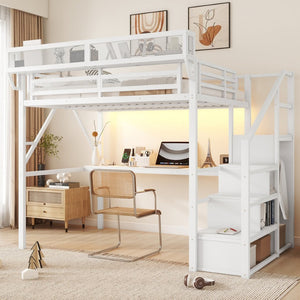 English Elm Twin Metal High Loft Bed with Staircase Storage Wardrobe for Kids and Teens W2580S00080