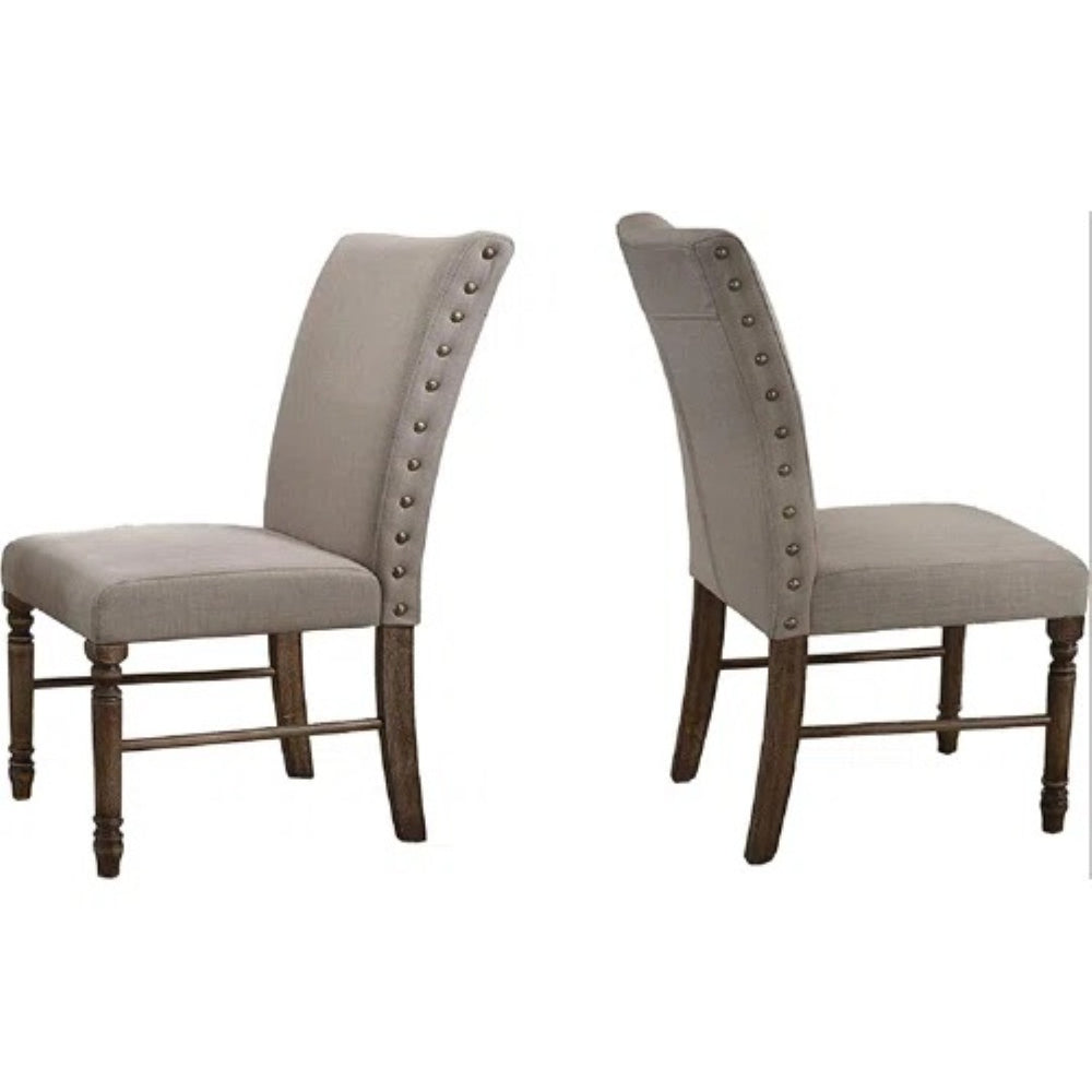 English Elm Antique Oak Upholstered Side Chair Set Beige Fabric Nailhead Trim Transitional Dining B011P423340
