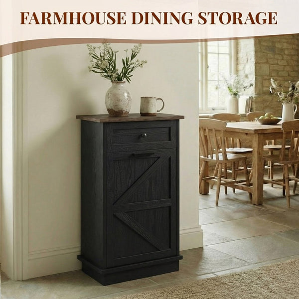 English Elm Tilt Out Trash Cabinet with Storage Drawer Conceals 10 Gallon Bin Pet Proof Brown+Black T5831P489253