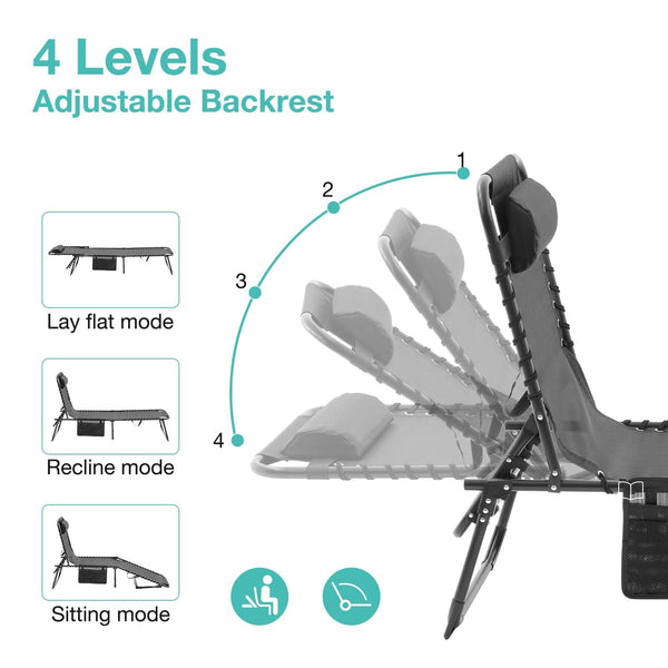 English Elm Folding Chaise Lounge Set of 2 - Portable Outdoor Pool Chairs with 4-Position Recline, Breathable Mesh, Pillow Black W3162P277279