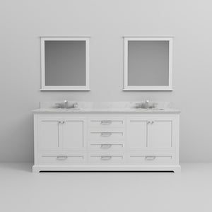 English Elm White Double Bath Vanity With Carrara Marble Top, Chrome Faucet, And Elegant 30" Mirrors Included B2731S01029-GIGA