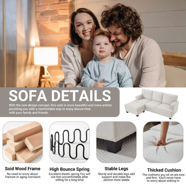 English Elm 86" Linen Sectional Sofa with Storage Ottoman Reversible Chaise for Small Spaces Beige W1669S00035
