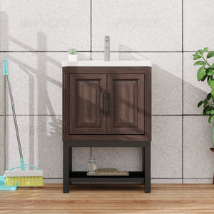 English Elm 24" Bathroom Vanity with Smooth White Ceramic Sink, Durable Metal Hinges, Adjustable Feet, Sleek Faucet & Open Iron Shelf Walnut W688P224404
