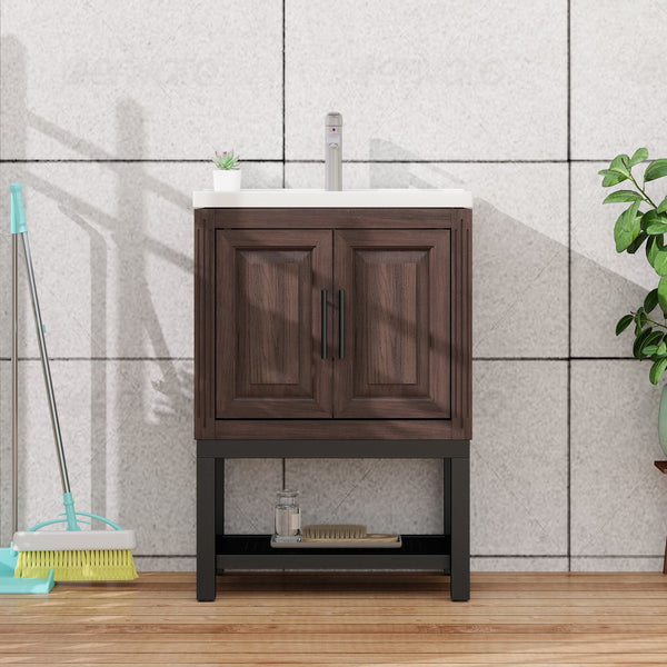 English Elm 24" Bathroom Vanity with Smooth White Ceramic Sink, Durable Metal Hinges, Adjustable Feet, Sleek Faucet & Open Iron Shelf Walnut W688P224404