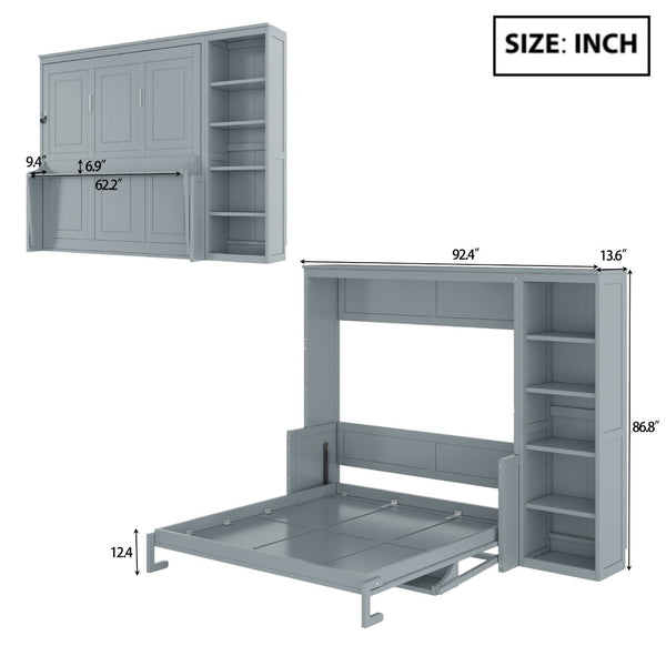 English Elm Queen Size Murphy Bed With Integrated Desk & Bookshelf – Stylish Gray Space-Saving Solution! N7090004016E-GIGA