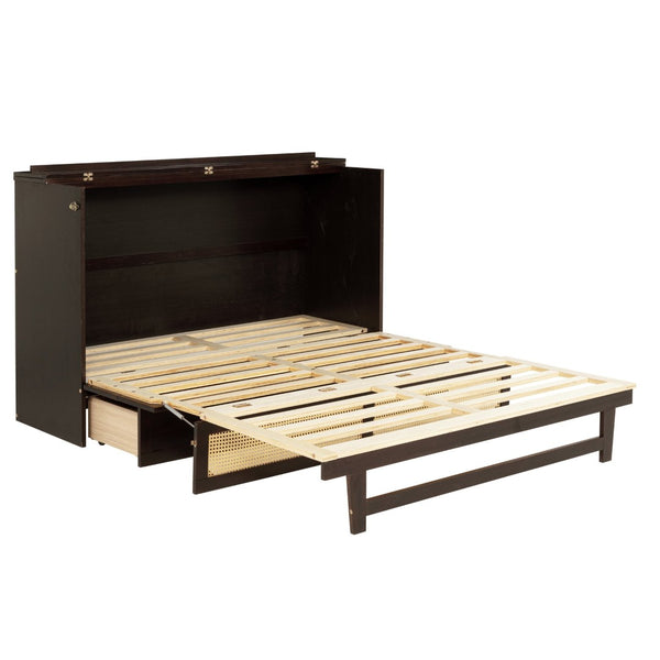 English Elm Queen Size Murphy Bed - Elegant Pine Cabinet With Rattan Accents, Espresso Finish & Storage Drawer W504S00230-GIGA
