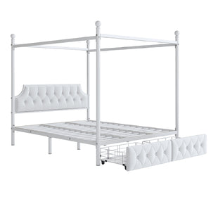 English Elm Queen Metal Canopy Platform Bed with Upholstered Velvet Headboard, Built-In Storage Drawers, White Elegance DL000656AAK