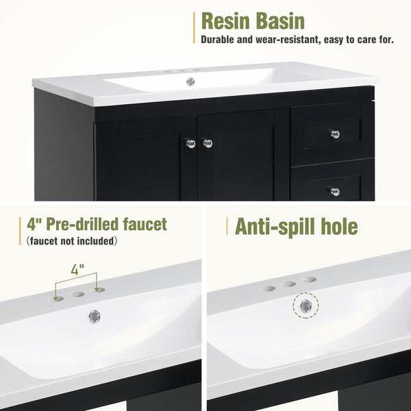 English Elm 36 Inch Shaker Style Free-Standing Bathroom Vanity Cabinet with Resin Sink, Soft-Close Storage Elegance Black SV000021AAB