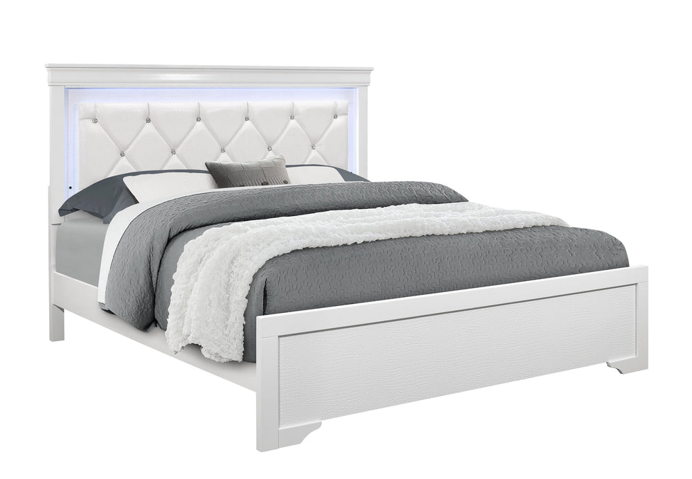 English Elm SHAKER White Queen Bed with Crystal Tufted Padded Headboard, LED Accent Lighting, Solid Wood Finish B201S00341