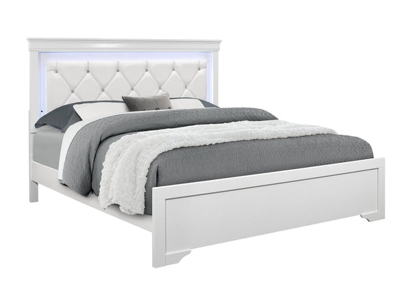 English Elm SHAKER White Queen Bed with Crystal Tufted Padded Headboard, LED Accent Lighting, Solid Wood Finish B201S00341