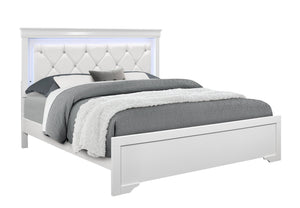 English Elm SHAKER Crystal-Tufted King Bed with LED Lighting, Padded Panel Headboard, Solid Wood/MDF Elegance White 84.25 L x 35.43 W x 7.68 H B201S00323