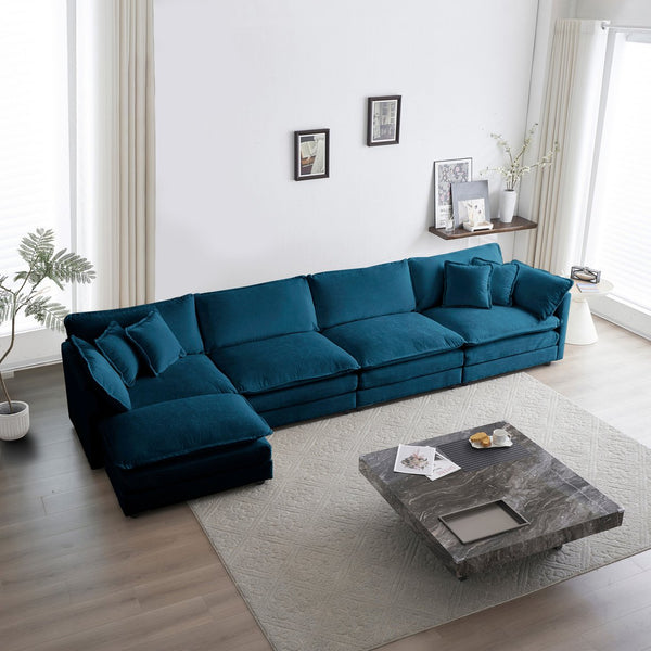 English Elm Modular Sectional Sofa with Ottoman | Convertible U-Shaped 5-Seater Chenille Upholstery, Cozy Comfort Blue W714S00606