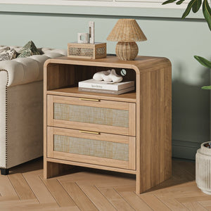 English Elm Rattan Drawer Nightstand Set with Built-in Charging Station and Open Shelf Bedroom Storage Caramel W1820P414047
