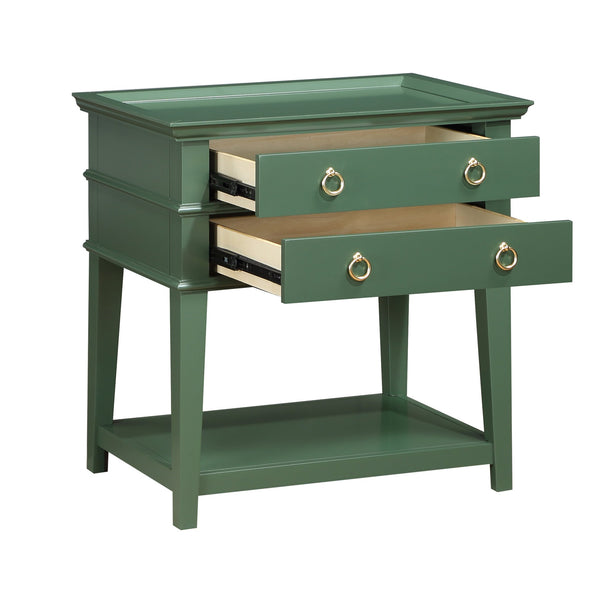 English Elm Carmona Midnight Blue Tray Top Nightstand with Two Drawers, Open Shelf, Brushed Gold Ring Pulls Antique Green B050P376936