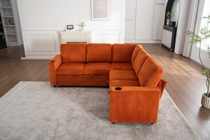 English Elm Sectional Corduroy Sleeper Sofa with Storage and Charging Ports for Small Spaces Orange W1361S00076