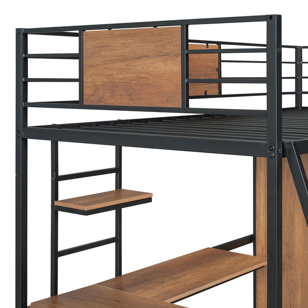 English Elm Twin Loft Bed with L-Shaped Desk and Wardrobe — Space-Saving Iron & Wood Design for Study & Storage Black SF000168AAB