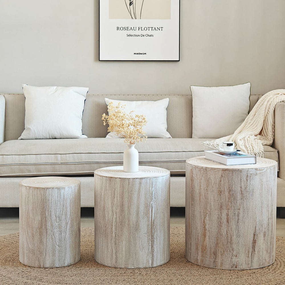 English Elm Set of 3 Whitewashed Wood Accent Tables - Rustic Tree Trunk Cylindrical Side Tables for Cozy Homes W2729P209831