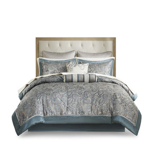 English Elm 12 Piece Comforter Set with Cotton Sateen Sheets Paisley Jacquard Bedding Queen Gray Accents Teal 19.29 L x 23.62 W x 11.02 H B035P148326