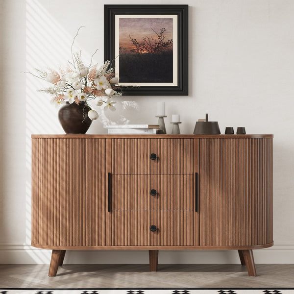 English Elm Sideboard Fluted Credenza with Three Drawers Two Doors Matte Black Modern Storage Walnut T3773P417317