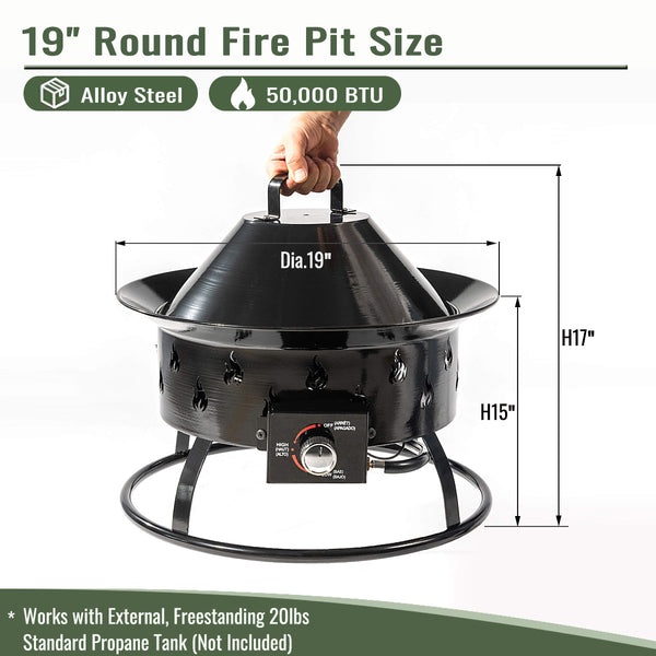English Elm 19" Portable Propane Fire Pit 50000 BTU Stainless Burner Lava Rocks Electronic Ignition Black W853P202205