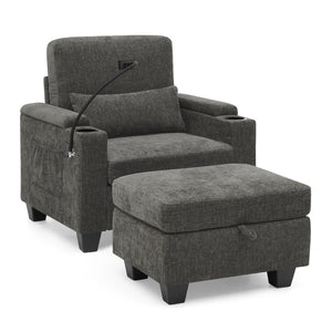 English Elm Single Chenille Manual Recliner with Usb Port Hidden Storage Ottoman and Cup Holders Gray W487P423648