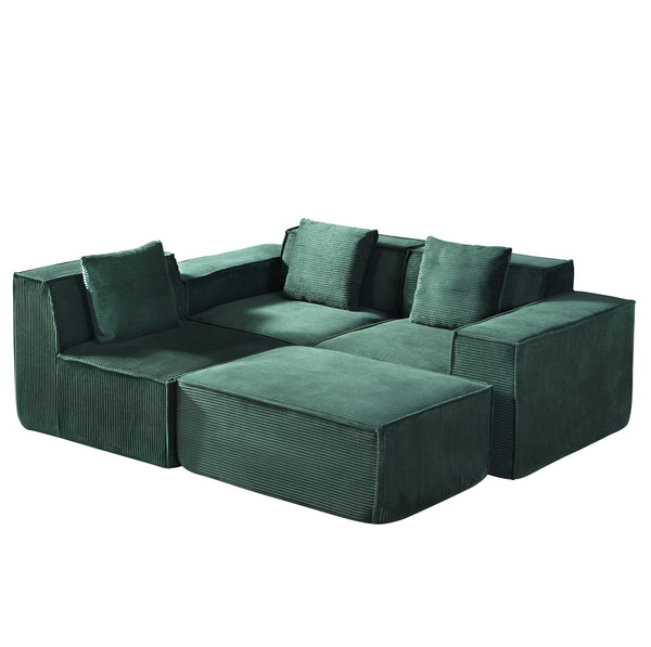 English Elm CozyForm Corduroy Convertible Sectional Sofa with Ottoman and Pillows, Modular L‑Shape Sleeper Comfort Dark Green B2735S00032