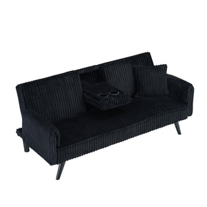 English Elm Minimalist Corduroy Reclining Sofa with Convertible Flat Sleeper and Cup Holder Black W3356P421777