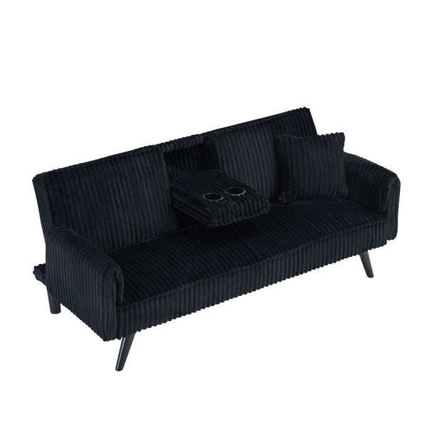 English Elm Minimalist Corduroy Reclining Sofa with Convertible Flat Sleeper and Cup Holder Black W3356P421777