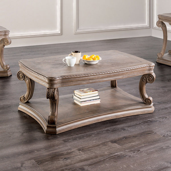 English Elm Dentil Weathered Oak Coffee Table 52"W x 32"D x 20"H with Carved Scroll Legs, Open Shelf, Sturdy Elegance B2741P360606