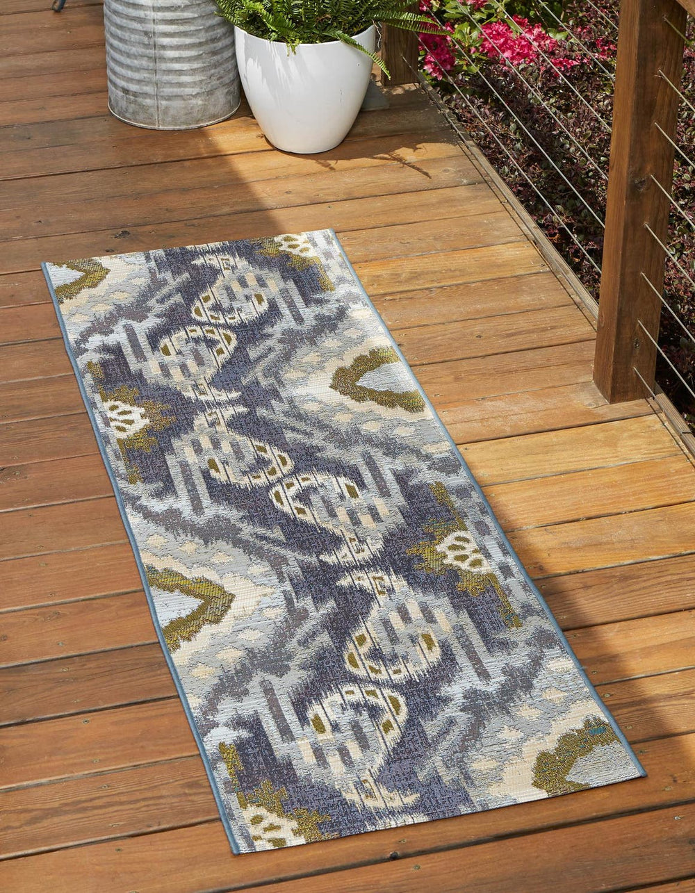 Unique Loom Outdoor Modern Union Machine Made Geometric Rug Blue, Navy Blue/Ivory/Gray/Green 2' 7" x 10' 0"