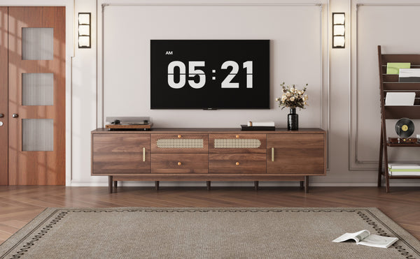 English Elm 76" Modern Chic TV Stand for Up to 85" TVs — Rattan Accents, Solid Wood Legs, Soft-Close Doors & Drawers N710P339467P