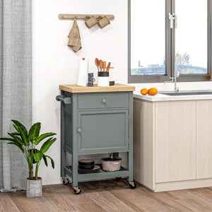 English Elm HOMCOM Rolling Kitchen Cart with Rubberwood Butcher Block Top, Drawer Cabinet Shelf & Towel Rack Gray W2225P217413